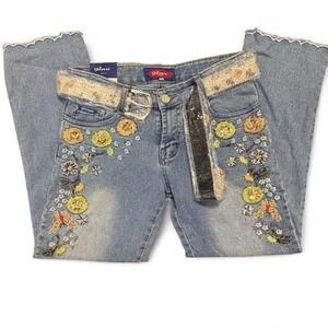 Fairycore Y2K Capris – Deadstock Denim Belt Vintage Floral Embroidery Scalloped